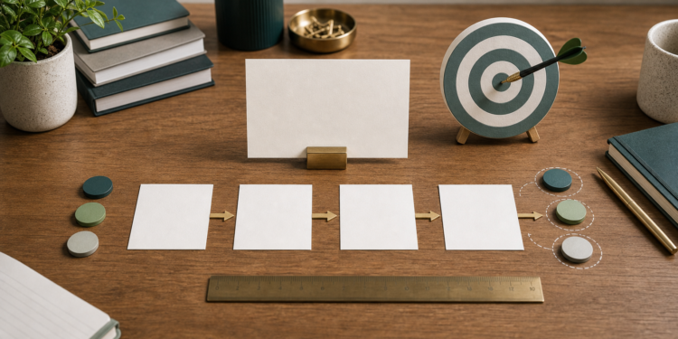 Illustration of setting measurable impact goals with targets, cards, and milestones