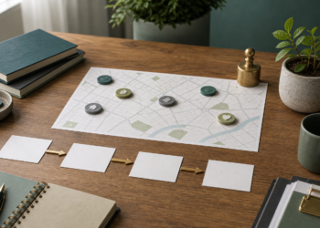 Illustration symbolique de l’impact social avec cartes, indicateurs et changement durable