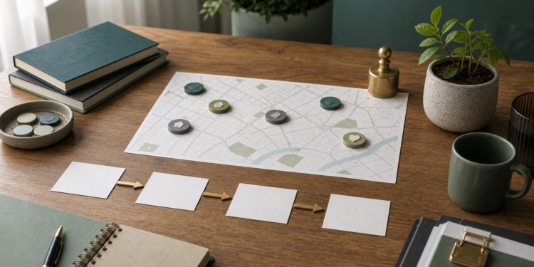 Illustration symbolique de l’impact social avec cartes, indicateurs et changement durable