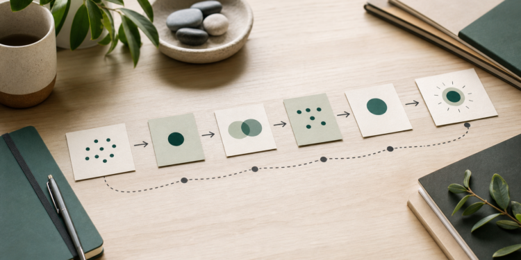 Schéma de cartes reliées illustrant une théorie du changement, des actions aux résultats