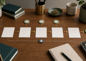 Illustration of a theory of change with connected cards from action to lasting change