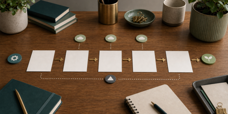 Illustration of a theory of change with connected cards from action to lasting change