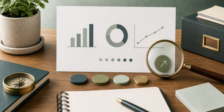 Illustration of an impact metric with measurement cards, charts, evidence tokens, and lasting change