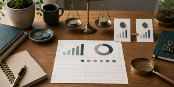 Illustration of impact measurement with before-and-after cards, tools, and evidence tokens
