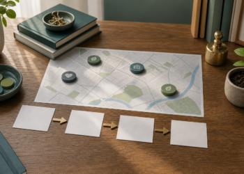 Illustration of social impact with maps, change markers, and lasting outcomes
