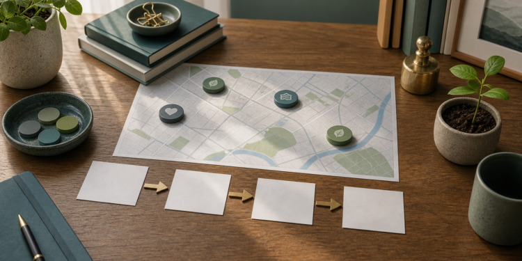 Illustration of social impact with maps, change markers, and lasting outcomes