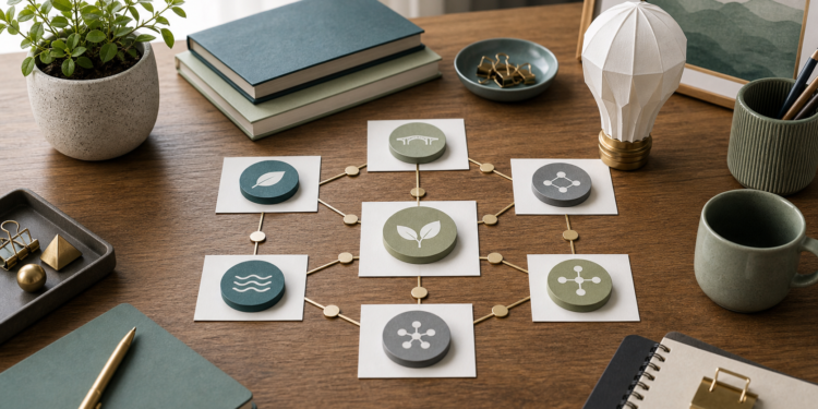 Illustration of social innovation with a network of solutions, ideas, and durable change