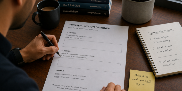 Why Does Your System Only Work When You Feel Like It? (The Two Parts Every System Actually Needs) Every system that holds has the same starting point: a fixed trigger and one small, defined action. The Trigger-Action Designer builds both in about 7 minutes, the two parts most plans skip in favor of just deciding to try harder. A system is a structure, not a feeling At IBM, we didn’t manage large accounts by hoping the team felt inspired on a given Tuesday. We built fixed checkpoints, specific and repeatable. I didn’t think of that as a life skill at the time. It is one. A trigger has to be fixed, never “whenever I feel like it,” and an action has to be small enough to do without deciding. Who this is for, and how long it takes About 7 minutes. For anyone who has an intention but no system carrying it yet. What’s inside A trigger field. An action field. A worked example. How to get the most out of it Resist making the action bigger than it needs to be. Small enough to do without deciding is the whole point. What changes if you actually do this The output is one designed system start. The outcome is that the action becomes something you don’t have to decide on. The impact is that your intention gets a structure to run on. Download The Trigger-Action Designer [Download button placeholder, to be added.] Next step: The Follow-Through Tracker, which adds the part most systems skip and runs the whole thing for the first time. FAQ How is this different from the full Continuity Design Template? The full template includes the follow-through step too, in one sitting. This is the first half, for a quick start. What if I can’t think of a good trigger? Anchor it to something that already happens every day, closing your laptop, making coffee, a specific time. Consistency matters more than cleverness. Does this work for team systems, not just personal ones? Yes. The same trigger-and-action logic applies to a team habit as much as a personal one.